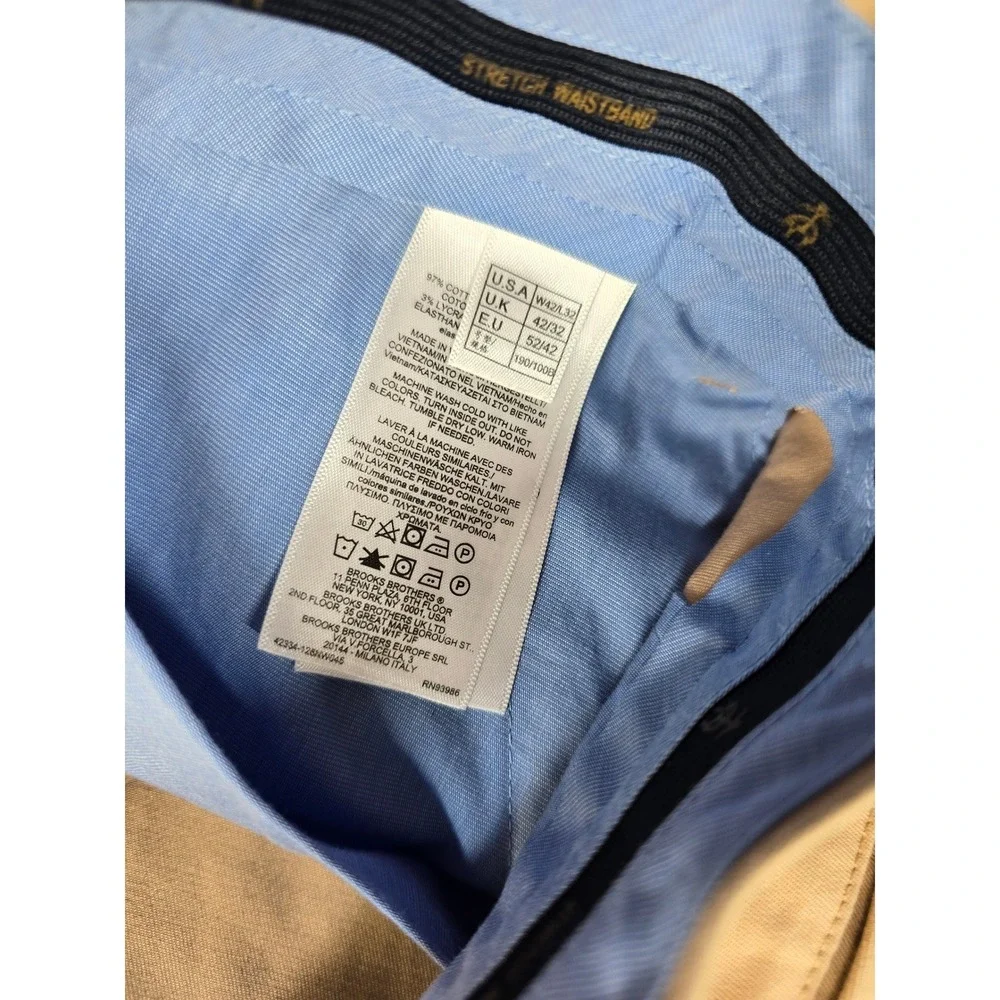 Brooks Brothers Chino Pants Mens 42x32 Tan Cotton Stretch Clark Fit NEW
